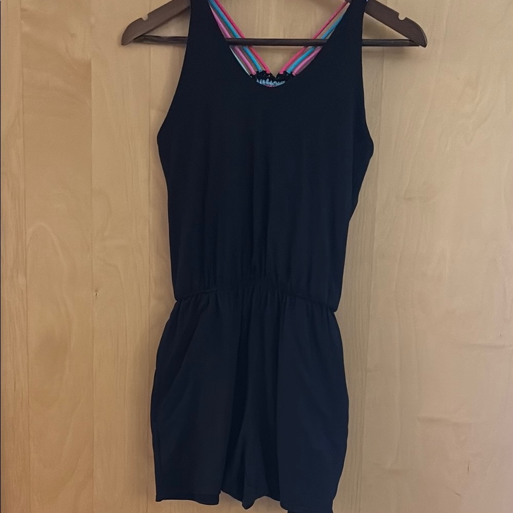 Peixoto Black and Pink Romper with Elastic Waist